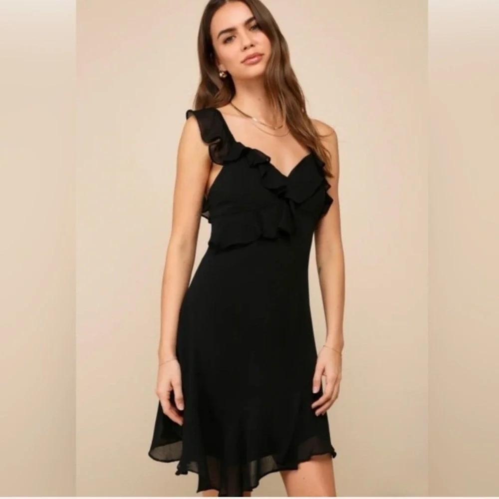 Lulus Captivating Always Black Ruffle Asymmetrical Mini Dress XS NEW